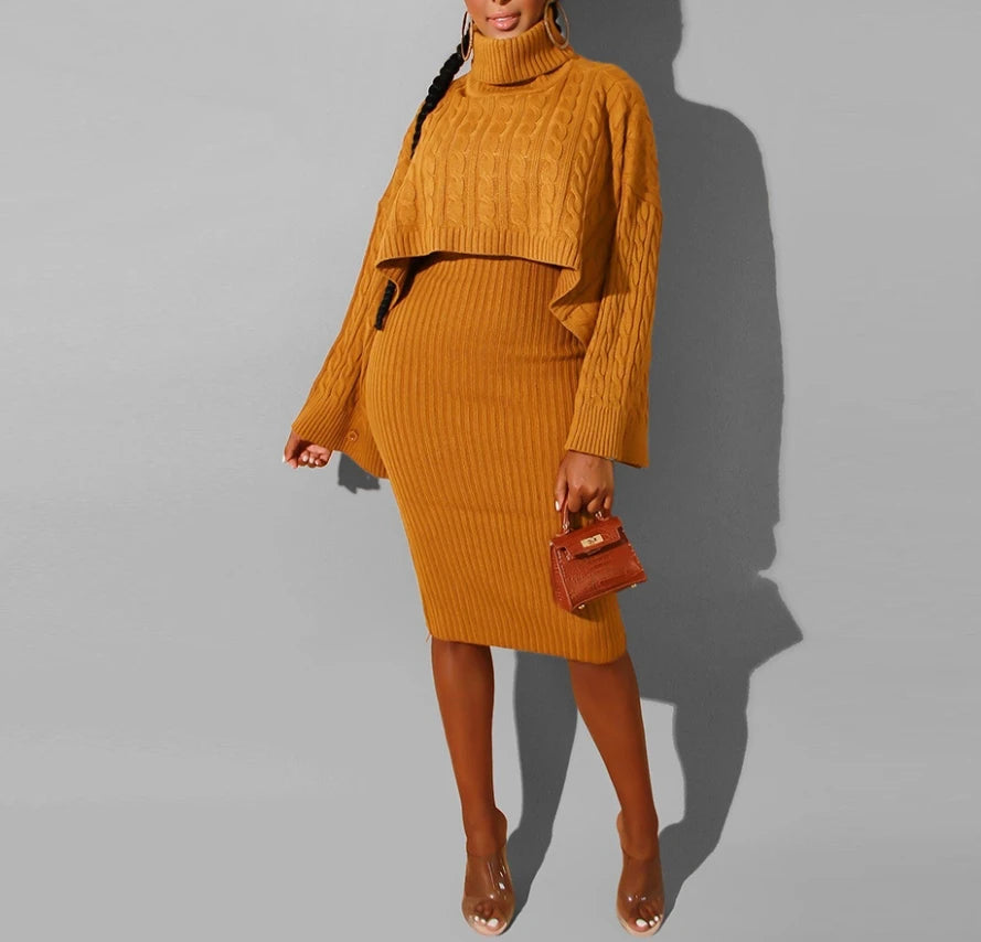 Women's Sweater Dress Set Autumn Winter New 2025 Solid Turtleneck Ribbed Sweater & Knitted Strap Dress Sets Matching Outfit - JN Fashion Fusion