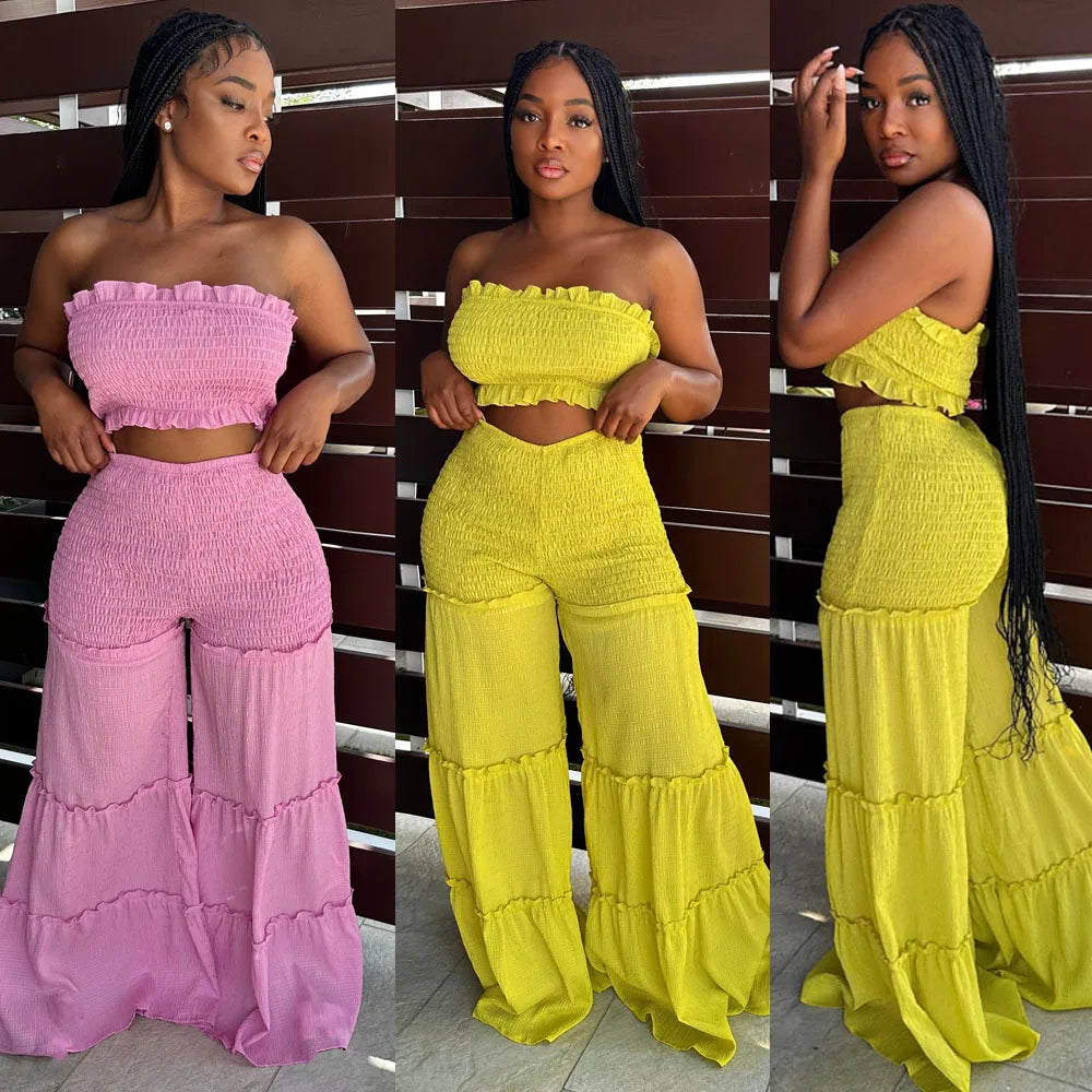 Women Summer Sexy Outfits 2pc Boho Pant Sets Ruffled Two Pieces Pants Set Ladies Strapless Crop Tube Top and Wide Leg Pants Suit - JN Fashion Fusion