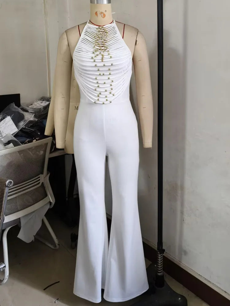 Beyprern Womens Beaded Fringed Palazzo Jumpsuits Overalls Summer Backless Fitted Wide Legs Jumpsuits One Piece Outfits Clubwear - JN Fashion Fusion