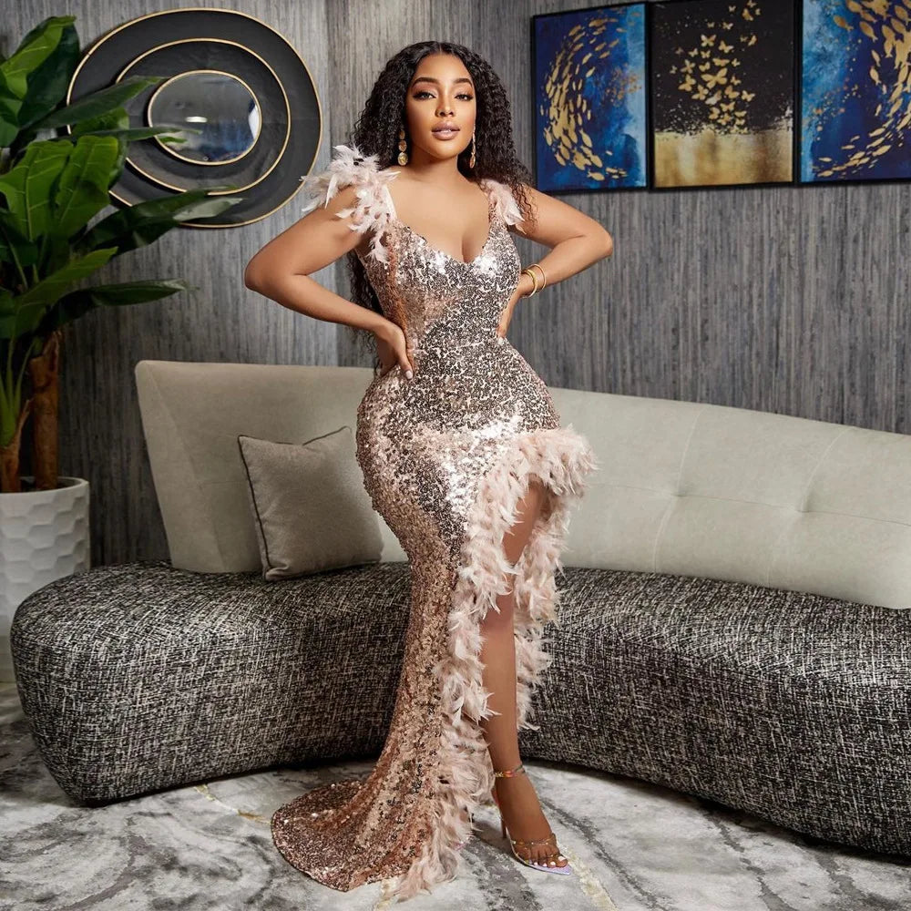 CM.YAYA Women Sequined Spaghetti Strap Feather Hem High Side Slit Mermaid Trumpet Bodycon Midi Evening Sexy Party Maxi Dresses - JN Fashion Fusion