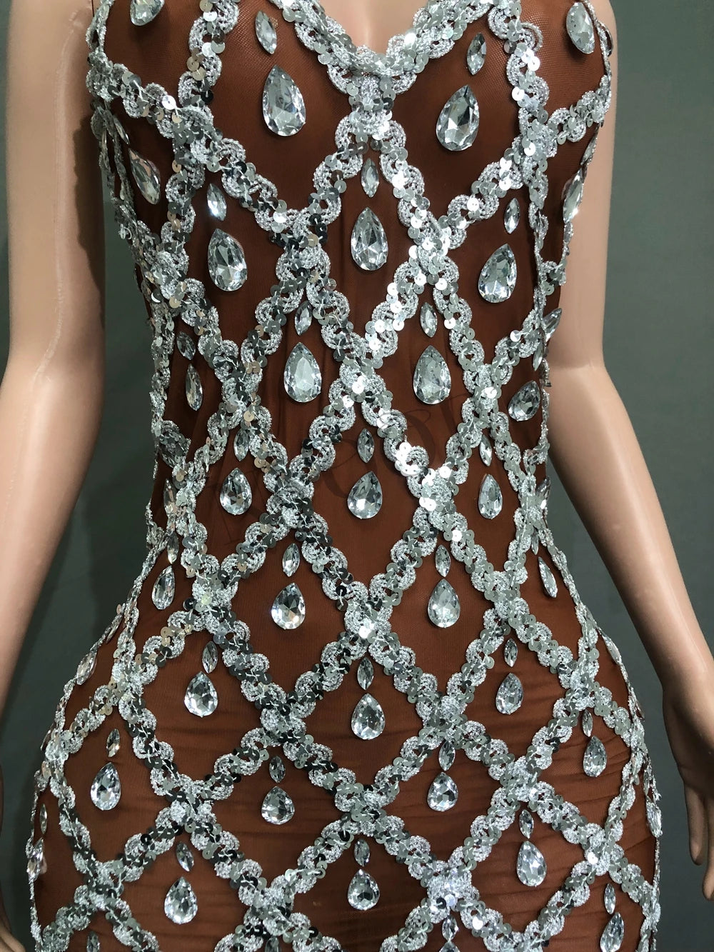 Sparkly Rhinestones Long Dress for Women Sexy V Neck Backless Mesh Transparent Celebrate Evening Wedding Prom Birthday Dress - JN Fashion Fusion