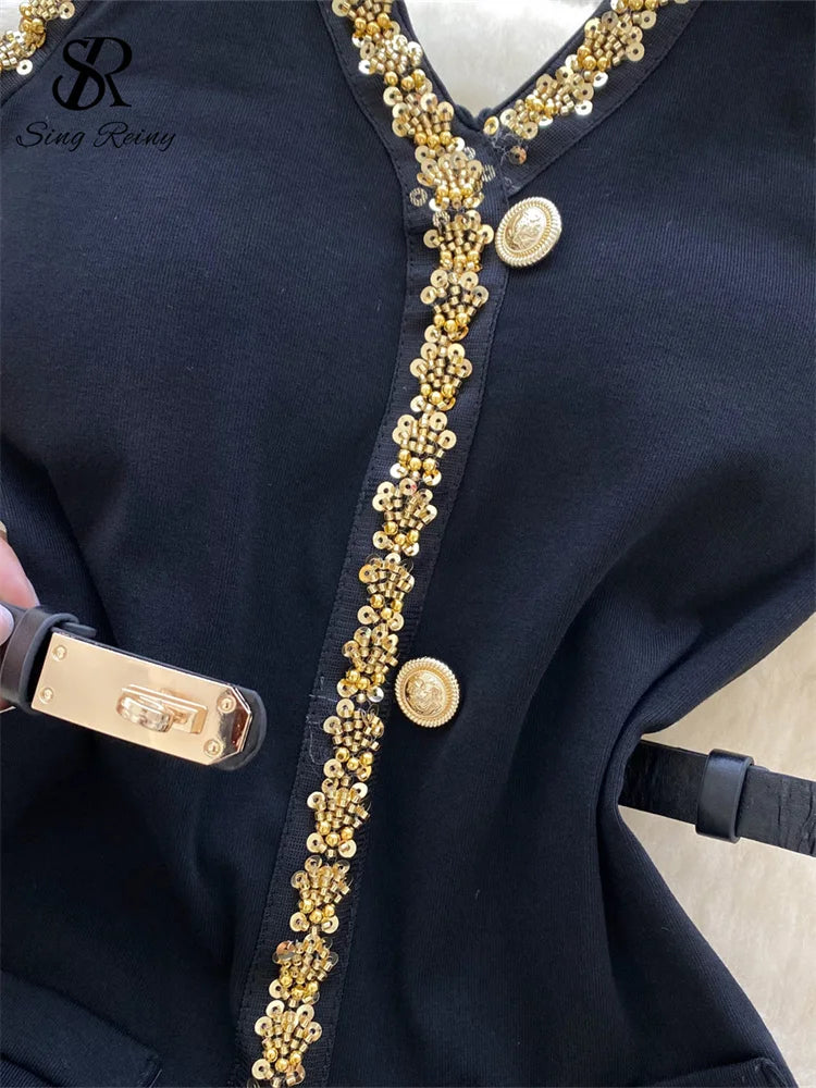 SINGREINY French Senior Short Dress Ladies V Neck Halter Backless With Belt Slim Sundress Beading Sequins Fashion Chic Dress - JN Fashion Fusion