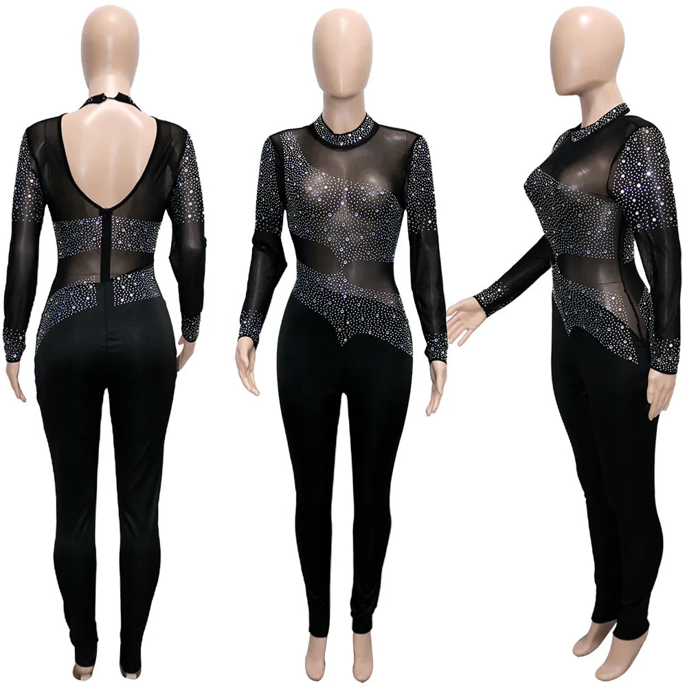 Sexy Club Jumpsuits for Women Rhinestone Decor Sheer Mesh Long Sleeved Party Birthday Outfits Nightclub Romper Overalls 2024