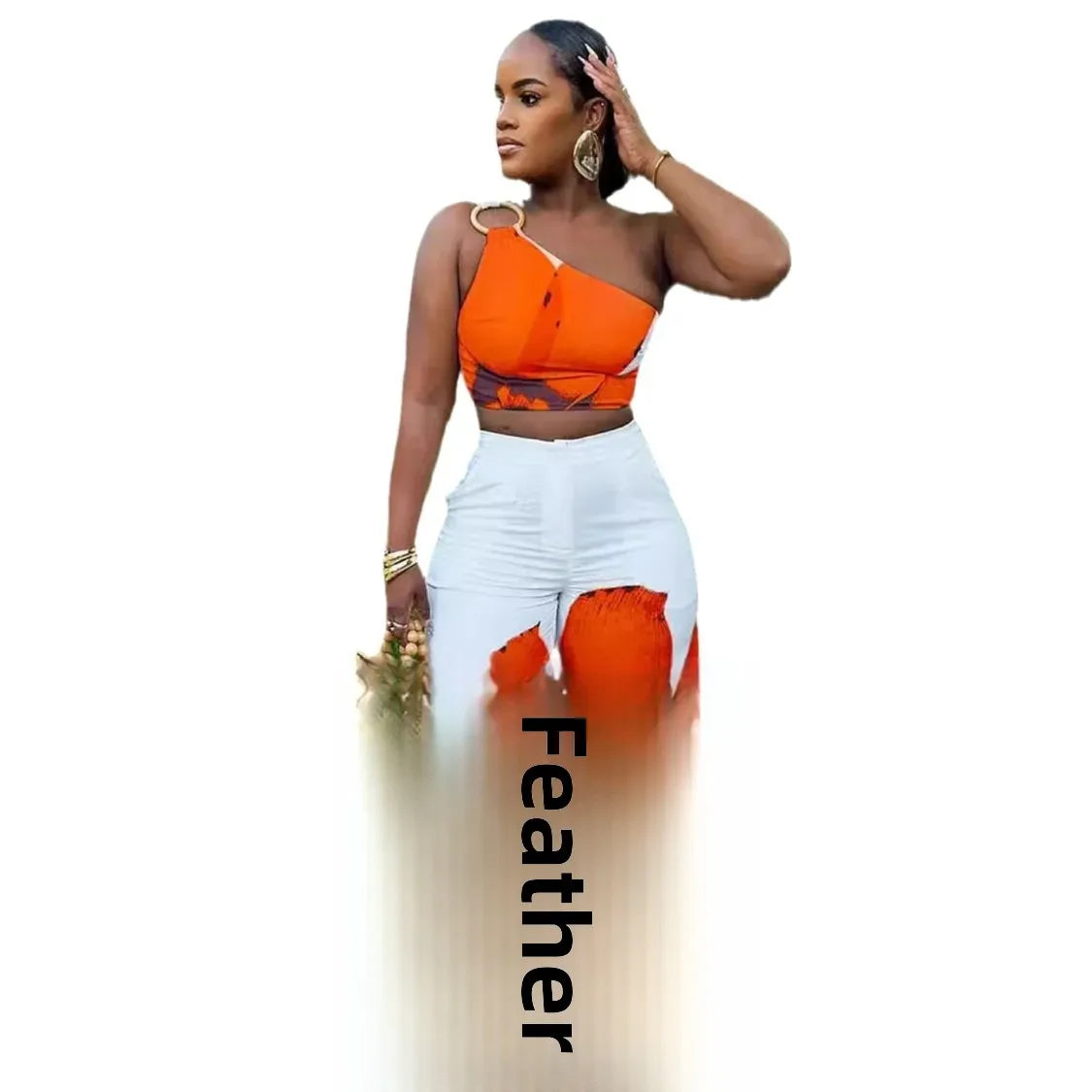 S10831 Euro-American Printing Single Shoulder Slims Smooths Your Silhouette Bell Bottoms 2-Piece Set Fashionable Dress Outfits - JN Fashion Fusion