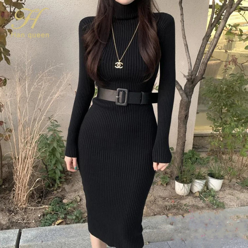 H Han Queen Knitted Turtleneck Sweater Bodycon Dress Bottoming Women Soft Elastic Autumn Winter Midi Party Dresses With Belt - JN Fashion Fusion