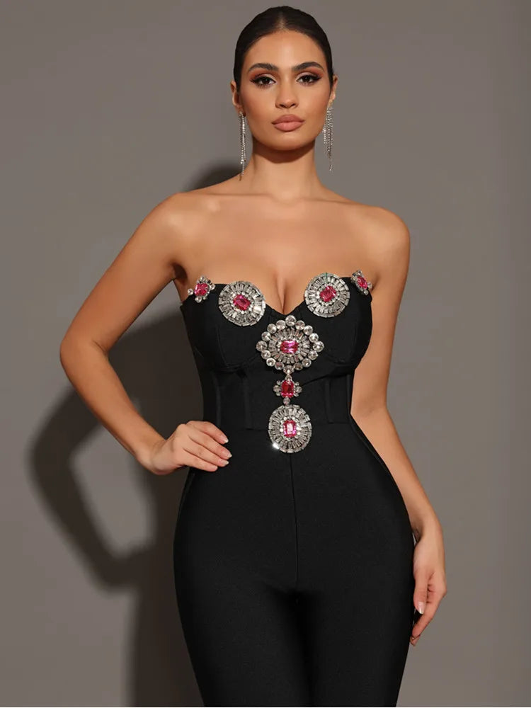 Women Summer Sexy Strapless Diamonds Beading Black Bodycon Bandage Jumpsuit 2024 Celebrity Designer High Street Rompers - JN Fashion Fusion