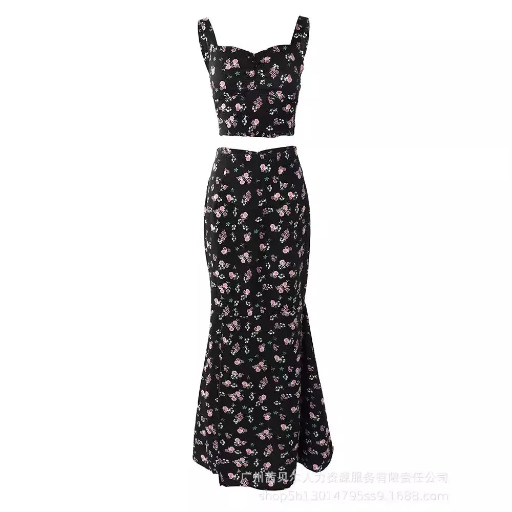 Skirt Set Women Two Piece Sets Print Floral Sleeveless Slim Fit Sexy Sling Tops Elegant Splice A Line Hip Wrap Long Skirts - JN Fashion Fusion