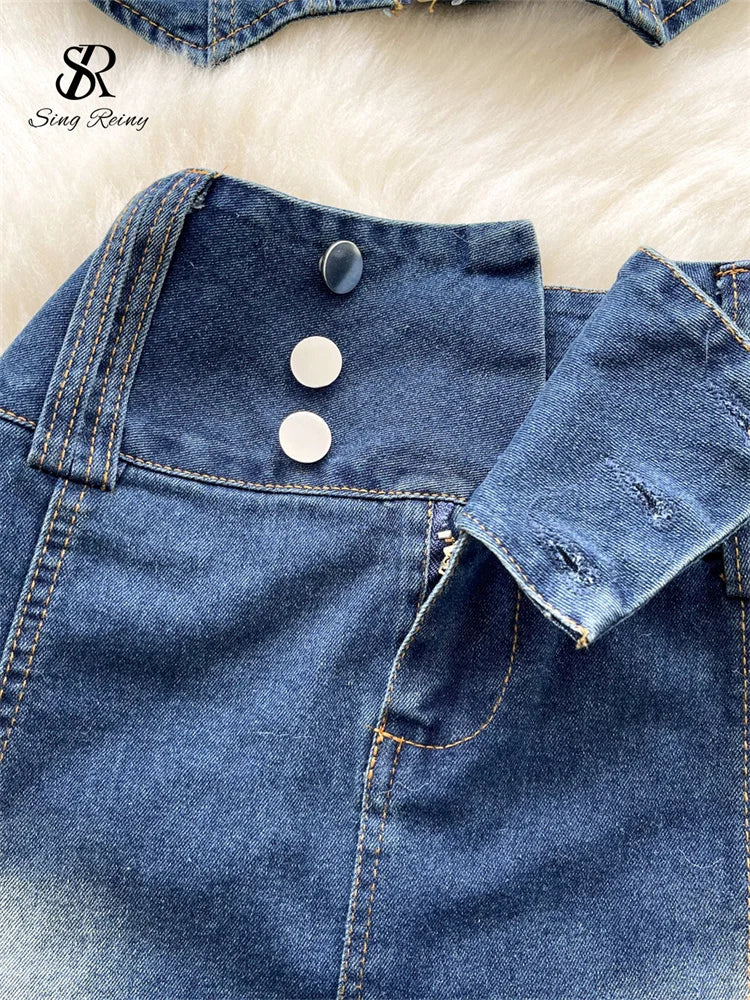 SINGREINY Sexy Vintage Denim Sets Strapless Zipper Backless Belt Mini Top+High Waist Bodycon Skirt Women Summer Fashion Suits - JN Fashion Fusion