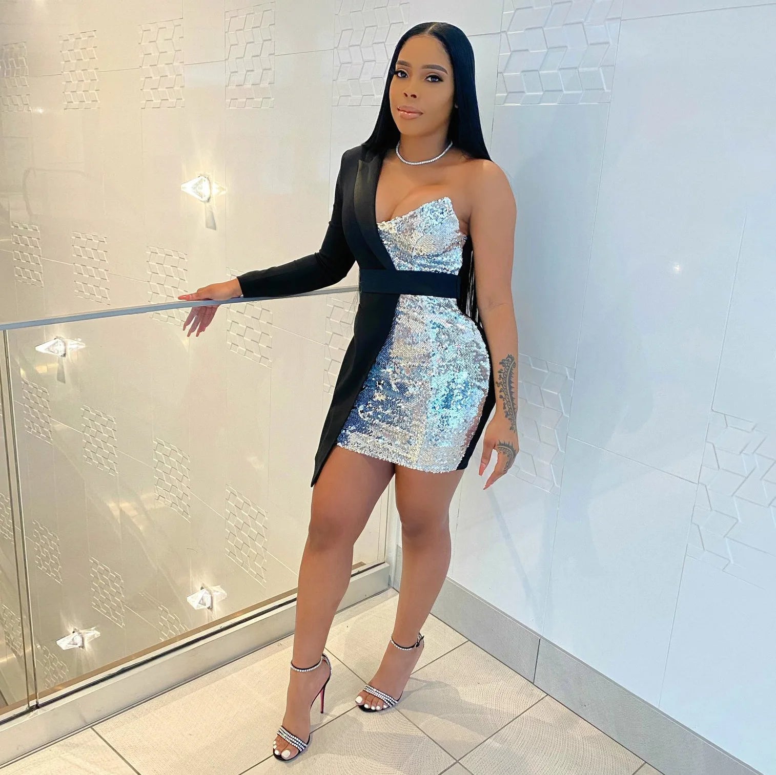 Ladies Sequins Formal Occasion Dresses Dne Shoulder Patchwork Prom Mini Dress Sexy Bodycon Elegant Party Dresses for Women 2023 - JN Fashion Fusion