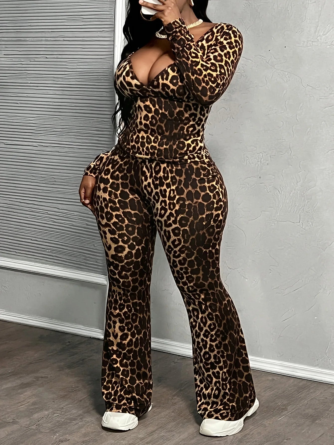 sexy Women's 2-piece Sets Suit Spring Summer Large size women deep v-neck two-piece leopard long-sleeve trousers set clothing - JN Fashion Fusion