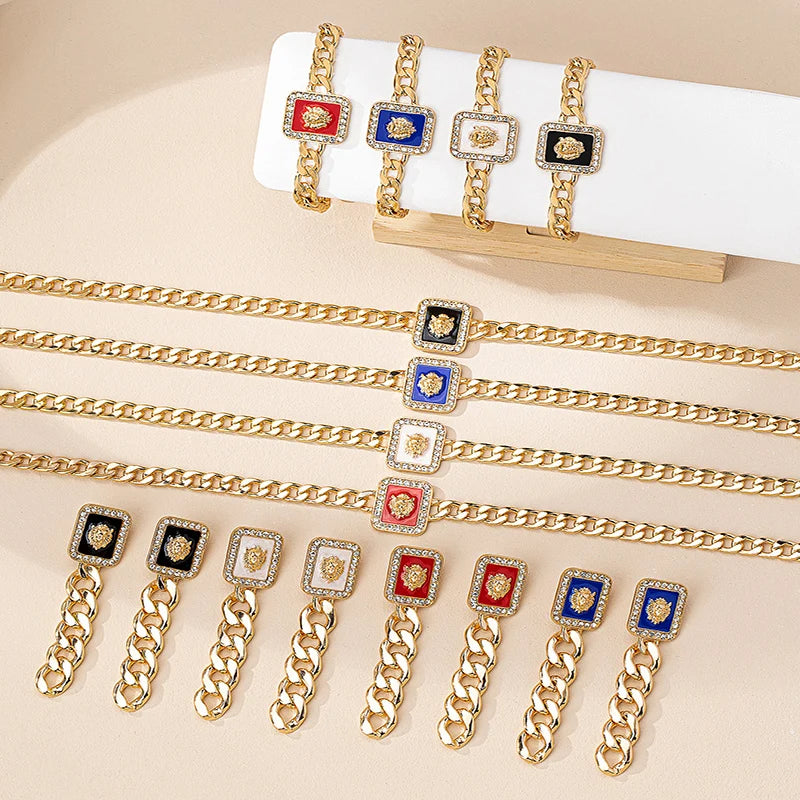 3PCS Vintage Gold Lion Head Jewelry Set for Women - Square Earring, Bracelet & Colorful Enamel Rhinestone Necklace - JN Fashion Fusion