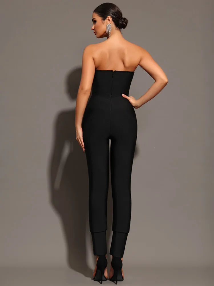 Women Summer Sexy Strapless Diamonds Beading Black Bodycon Bandage Jumpsuit 2024 Celebrity Designer High Street Rompers - JN Fashion Fusion