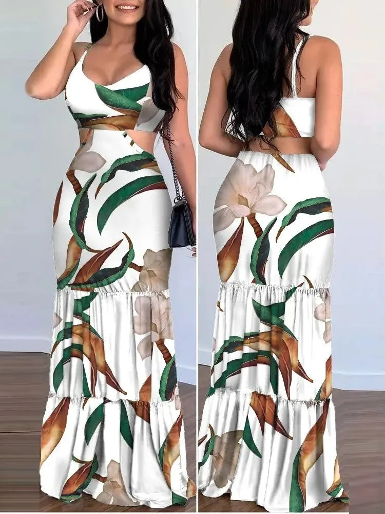 Casual Women's V-neck Pencil Sleeveless Bodycon Long Dress Summer Fashion Floral Spaghetti Strap Back Hollow Out Slim Maxi Dress - JN Fashion Fusion