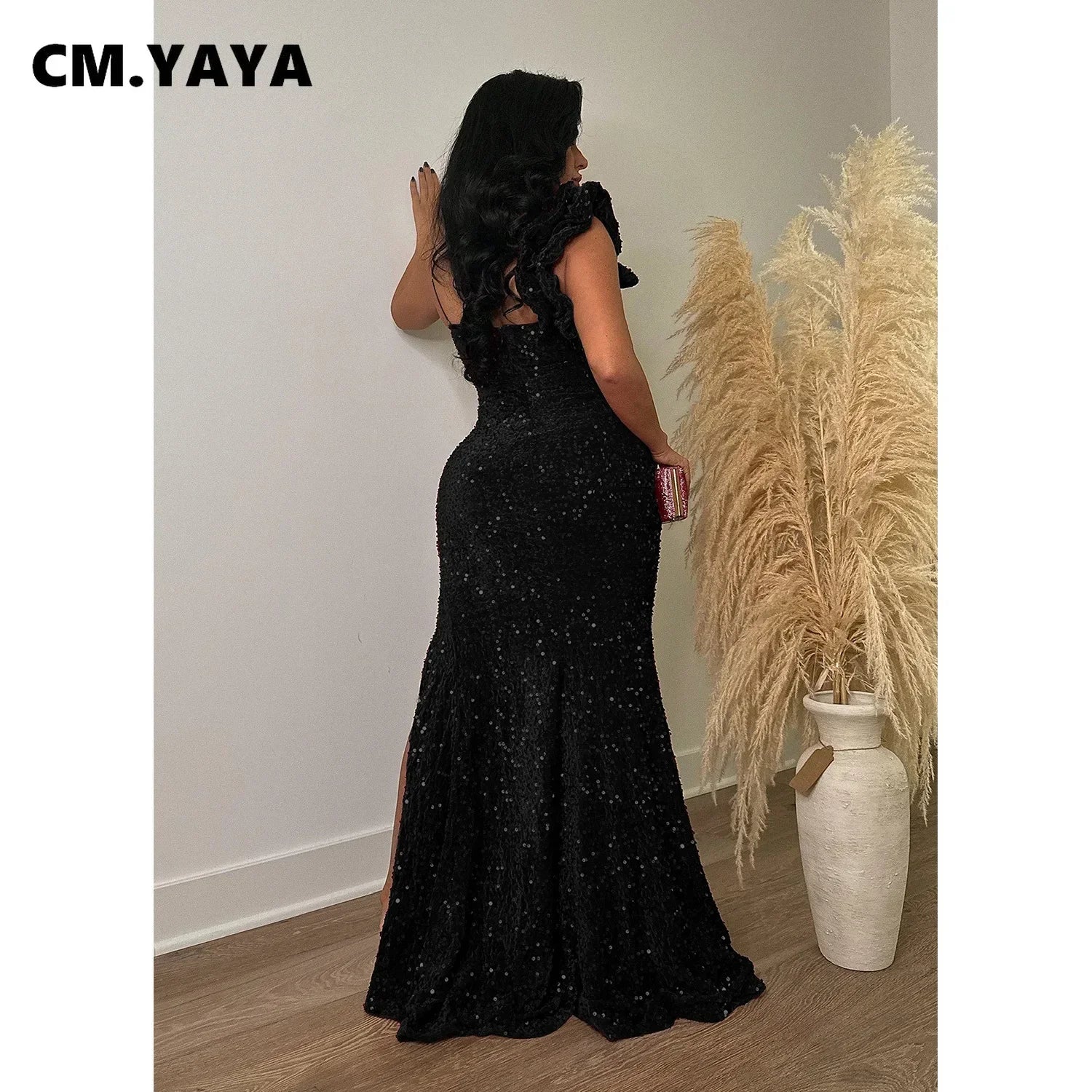 CM.YAYA Women One Shoulder Open Back Sequined High Side Split Mermaid Maxi Dress 2023 Sexy Club Evening Party Dresses Vestidos - JN Fashion Fusion
