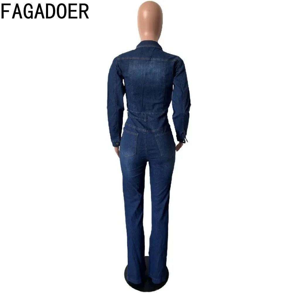 FAGADOER Fashion Denim Elastic Flared Pants Jumpsuits Women Turndown Collar Button Long Sleeve Playsuits Female Cowboy Overalls - JN Fashion Fusion
