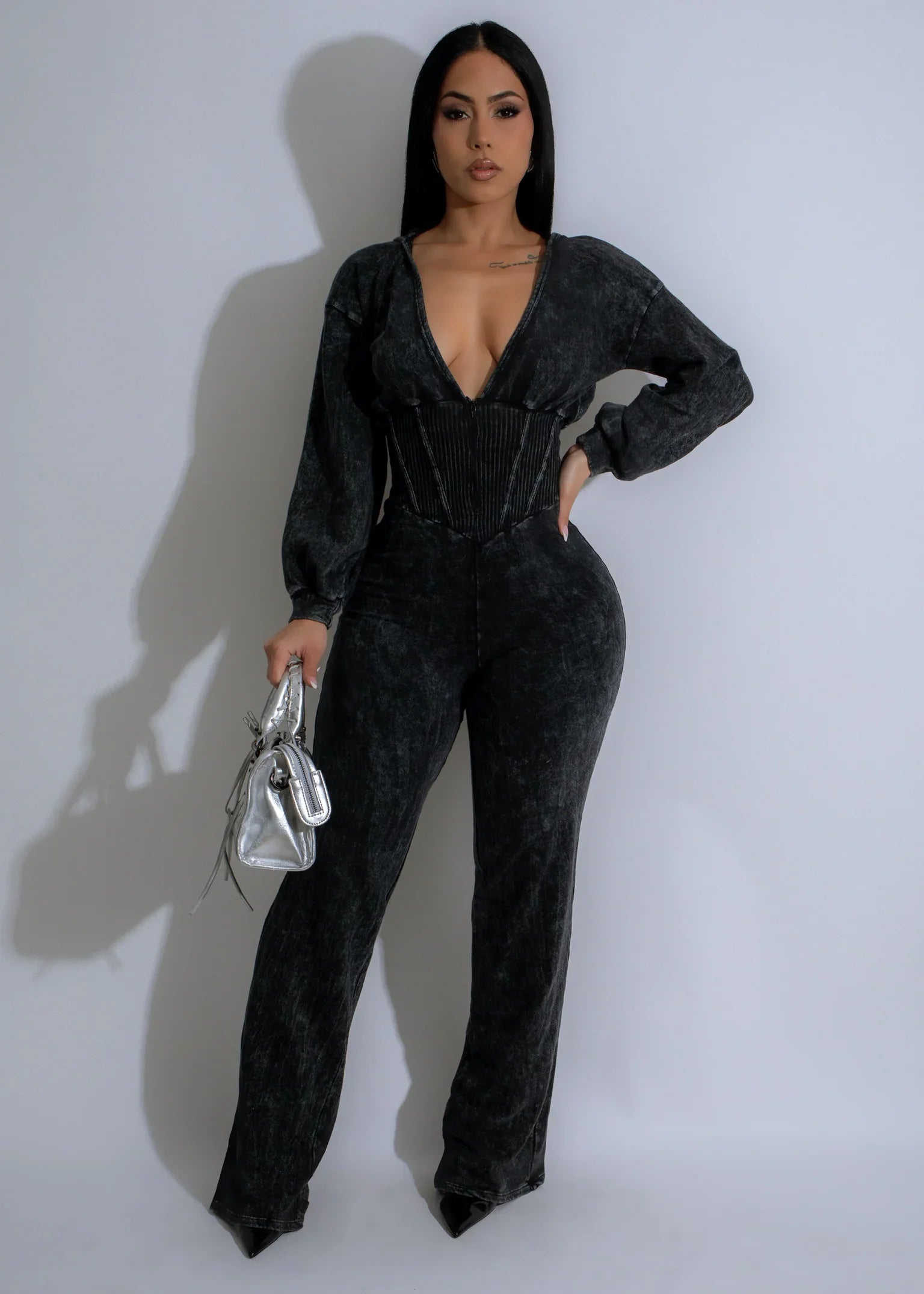 CM.YAYA Fashion Women Knit Ribbed Long Sleeve Moto Biker Jumpsuits V-neck Washed Street Party Outfits One Piece Suit Rompers - JN Fashion Fusion