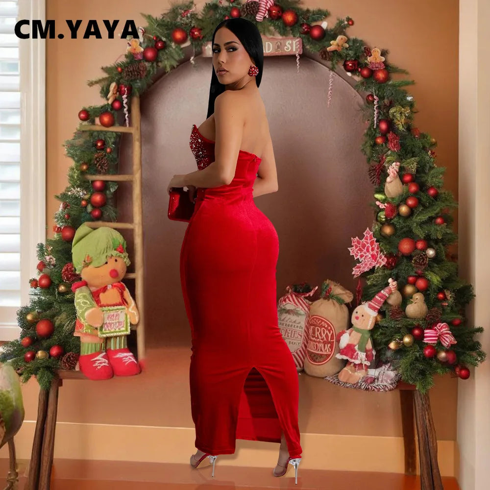 CM.YAYA Diamonds Hot Rhinestones Strapless Women Velvet Long Dress 2025 Spring Birthday Party Night Evening Prom Maxi Dresses - JN Fashion Fusion