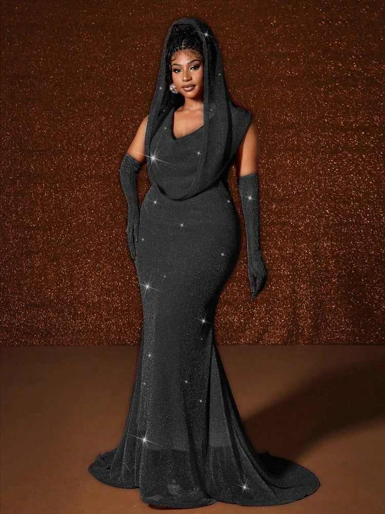 New sequined Hooded Sleeveless Maxi Dress Fishtail Hem Elegant Wedding Guest Dress Plus Size Women's Sexy Slim Dresses In Party