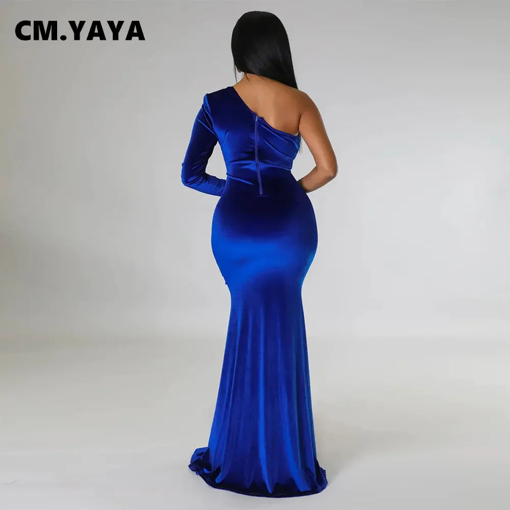 CM.YAYA Women Velvet Mesh Patchwork One Shoulder Long Sleeve High Slit Floor Length Mermaid Bodycon Midi Sexy Party Club Dresses - JN Fashion Fusion
