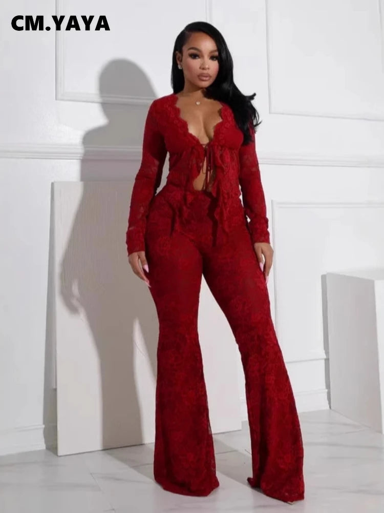 CM.YAYA 2025 Women's Set Long Sleeve Lace See Through Shirt + Long Pants Street Evening Sexy Two 2Piece Sets Outfits Tracksuit - JN Fashion Fusion