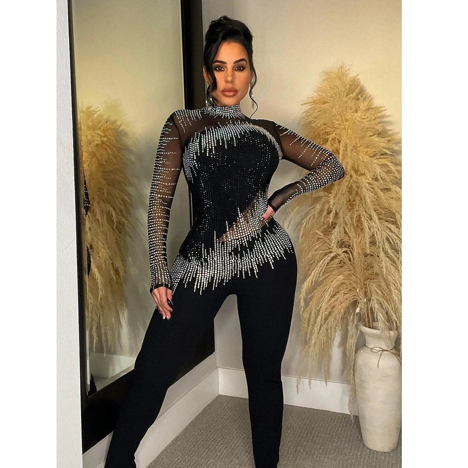 CM.YAYA Women Diamonds Hot Rhinestones Mesh See Though Long Sleeve Stretch Jumpsuit 2023 Party Evening Playsuit One Piece Set
