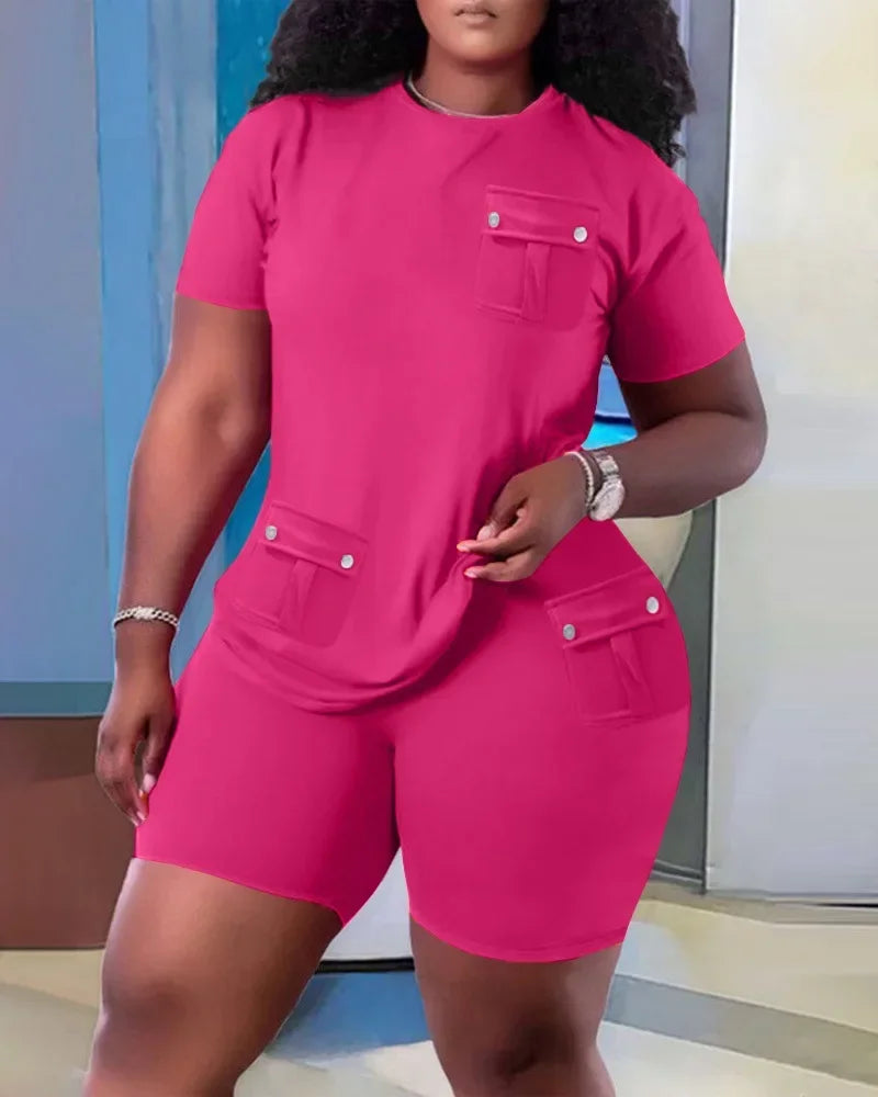 Women Two Piece Shorts Sets Solid Round Neck T Shirts Pockets Elastic Waist Short Trousers Suits Leisure Ladies 2025 Summer - JN Fashion Fusion