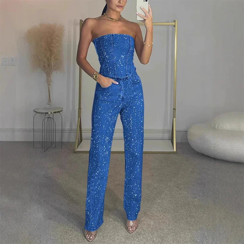 Sexy Women's Sparkling Rhinestone Denim Set Corset Shaping Crop Top Matching Slim Fit Jeans Party Clubwear Cowgirl Style 2pcs - JN Fashion Fusion