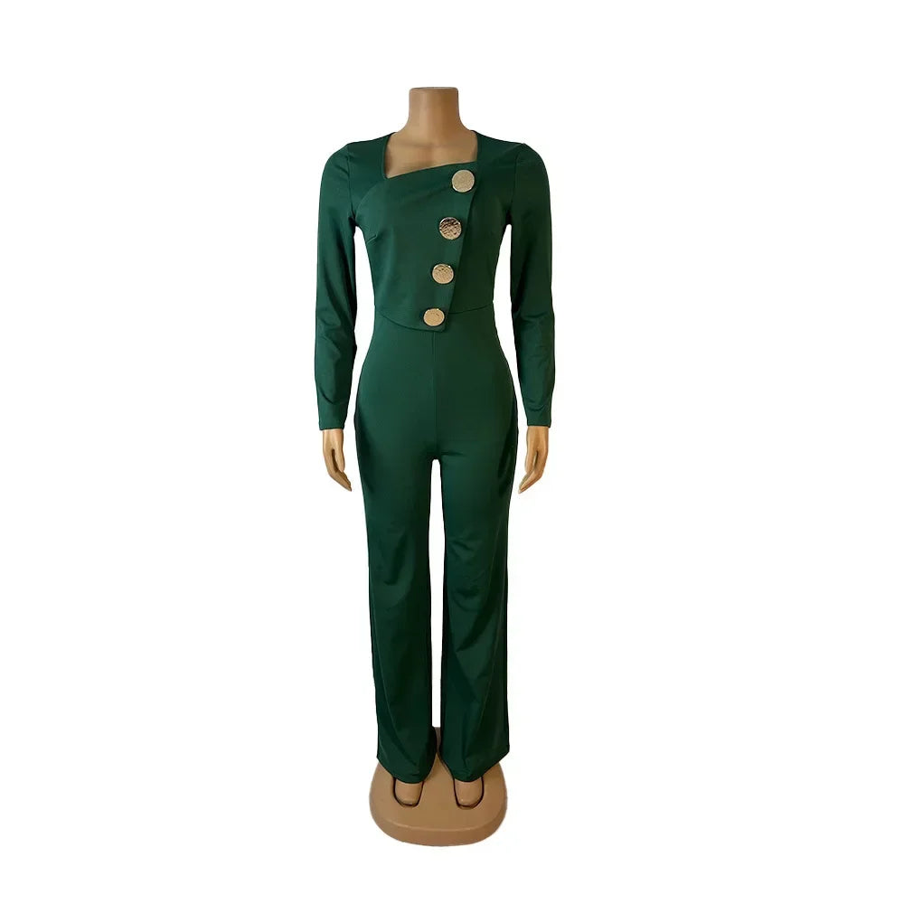 CM.YAYA Elegant Button Long Sleeve Irregular Girl Jumpsuits 2025 Spring Women's Overalls Outfits Night Club Streetwear One Piece