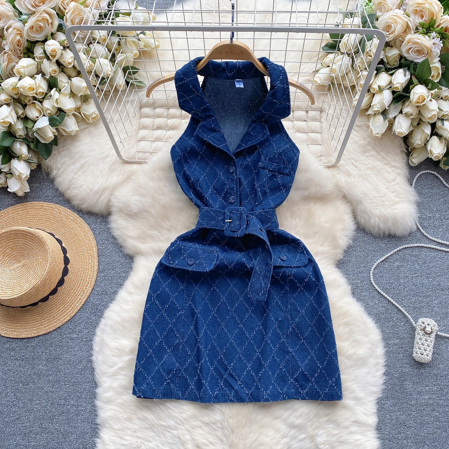 Summer Women Plaid Denim Dress Vintage Style Sleeveless Temperament Single Breasted Slim Short A-line Jeans Dress Sundress - JN Fashion Fusion