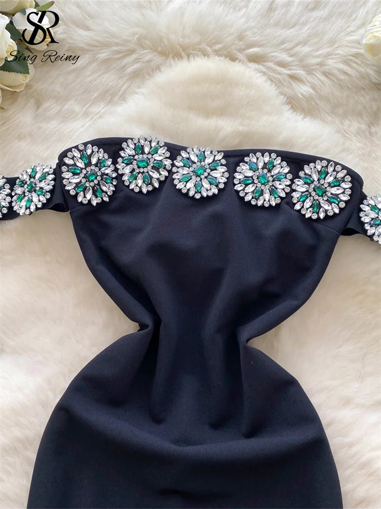 SINGREINY French Senior Evening Dress Women Diamonds Off The Shoulder Hotsweet Chic Fashion Elegant Skinny Split Midi Sundress - JN Fashion Fusion