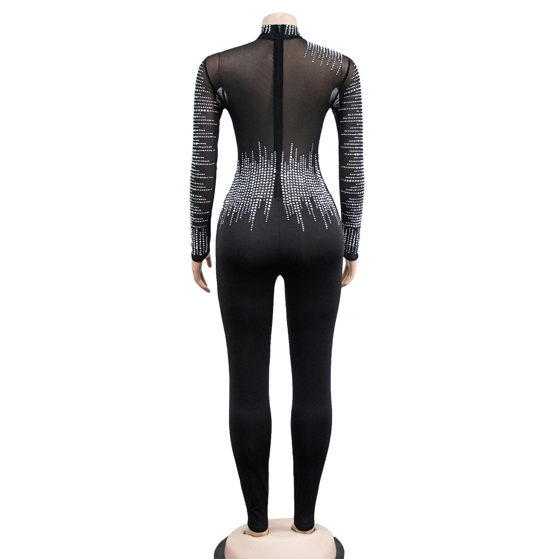 CM.YAYA Women Diamonds Hot Rhinestones Mesh See Though Long Sleeve Stretch Jumpsuit 2023 Party Evening Playsuit One Piece Set
