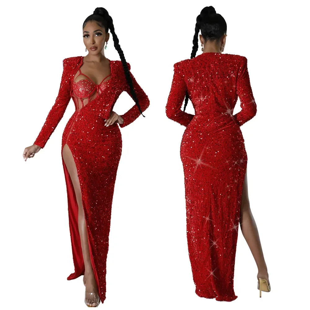 Two Piece Sets Bodysuit Sexy Women Sequin Dress Rompers Solid Slim Fit Sheath Full Sleeve Hip Wrap Dresses Set Party Gown - JN Fashion Fusion