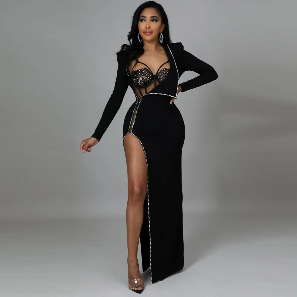 Rhinestone Crystal Night Club Dress Sexy Women Two Pieces Diamond Long Party Dress With Bodysuit