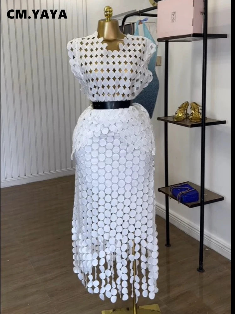 CM.YAYA Women Cutout O-neck Crop Top and Bodycon Midi Slim Maxi Long Skirt Suit 2025 Summer Vacation Sexy Two 2Piece Set Outfits - JN Fashion Fusion