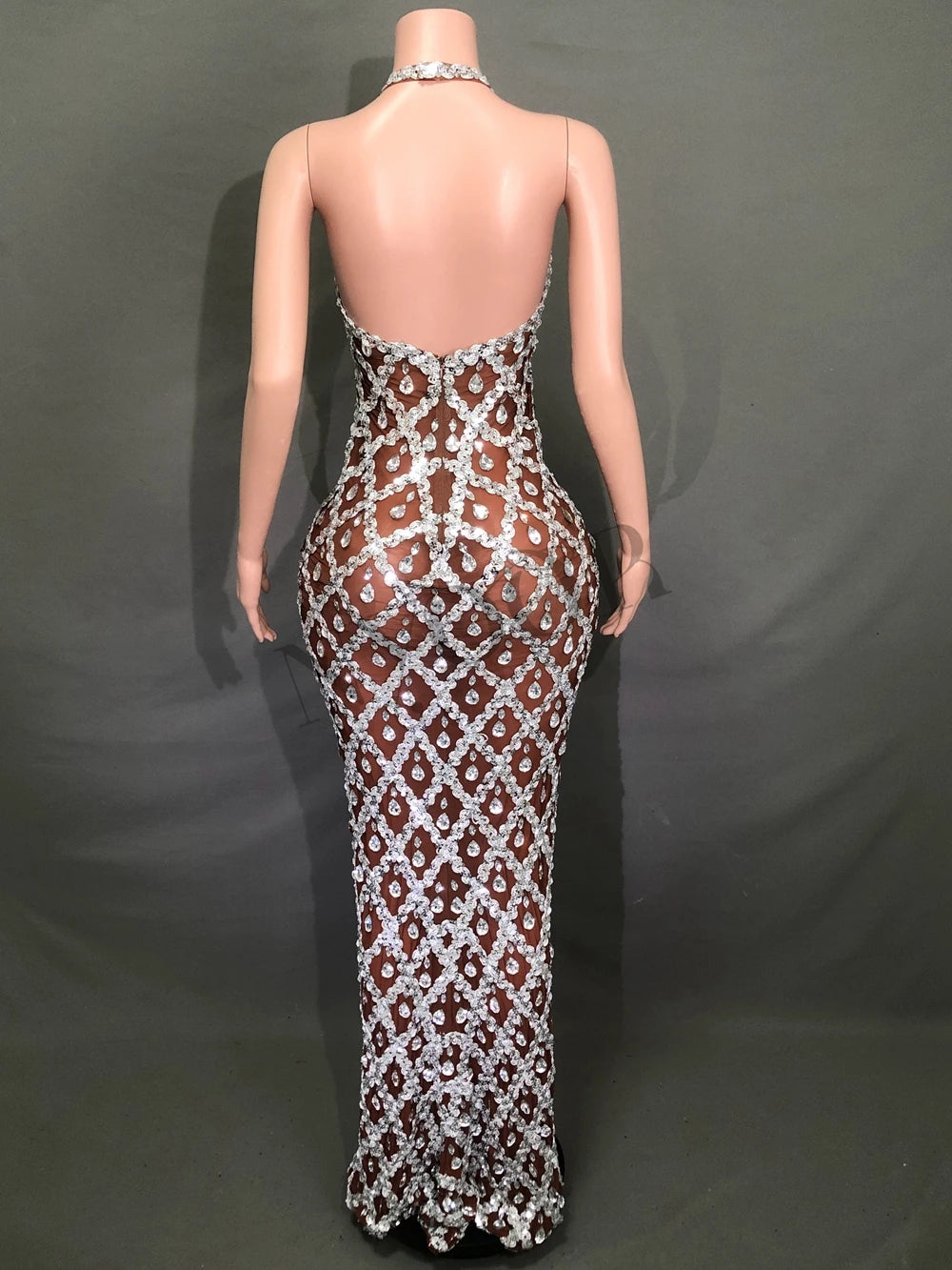 Sparkly Rhinestones Long Dress for Women Sexy V Neck Backless Mesh Transparent Celebrate Evening Wedding Prom Birthday Dress - JN Fashion Fusion