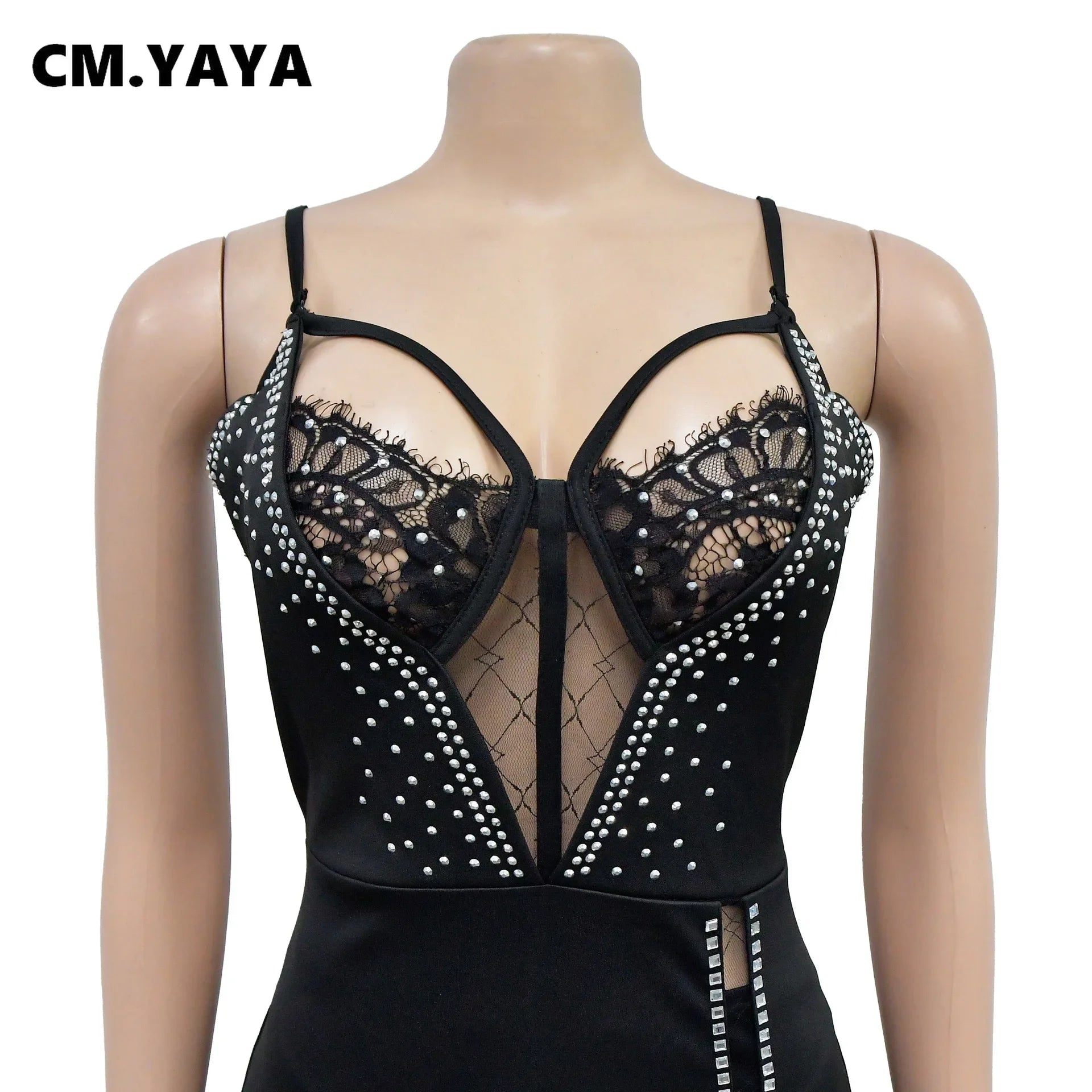 CM.YAYA Women Lace Patchwork Sweetheart Neck High Side Split Bodycon Midi Maxi Dress 2023 Vestidos Sexy Party Birthday Dresses - JN Fashion Fusion