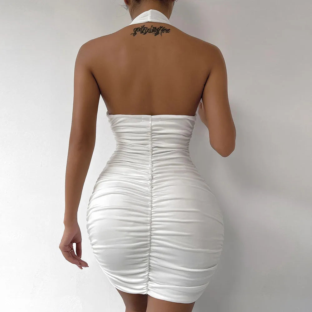 Fairyshely Sexy Ruffle V Deep Evening Party Dress 2025 Summer Short White Halter Dresses Women Tight Club Mini Dress Clubwear - JN Fashion Fusion