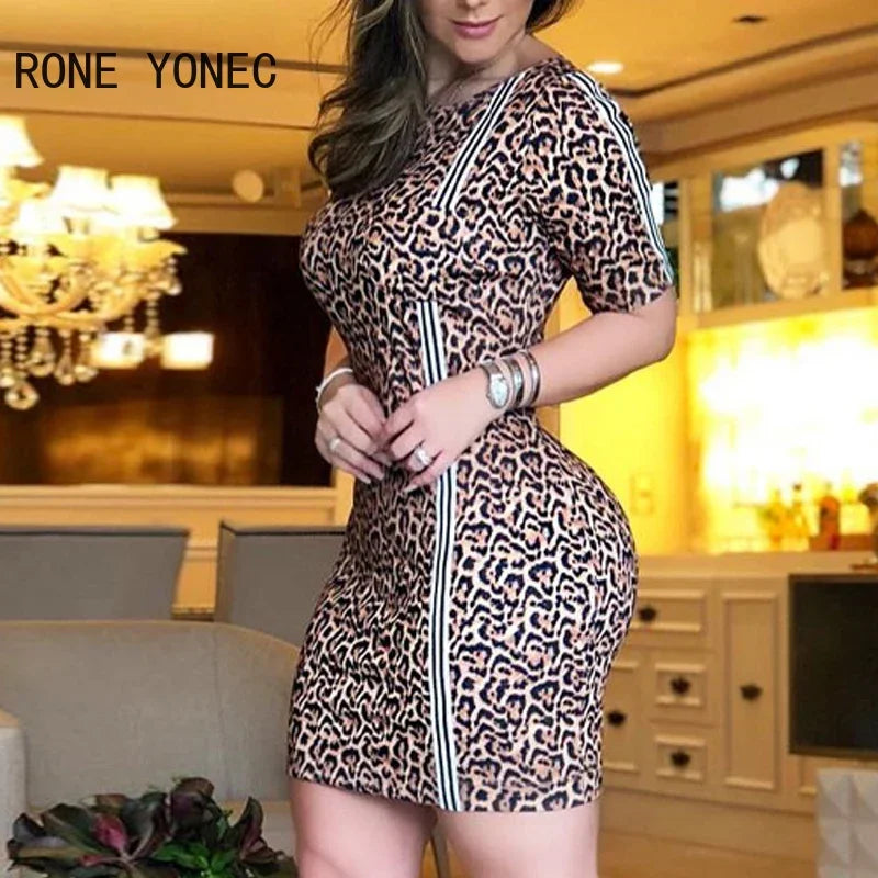 Women Elegant Round Neck Short Sleeves Leopard Pattern Bodycon Mini Dress - JN Fashion Fusion