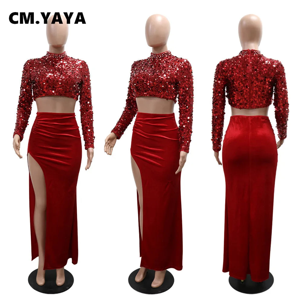 CM.YAYA Winter Women Velvet Sets Full Sleeve Sequined Pearls Sexy Crop Top and Long Skirt Set Street Party Club 2 Two Piece Sets - JN Fashion Fusion