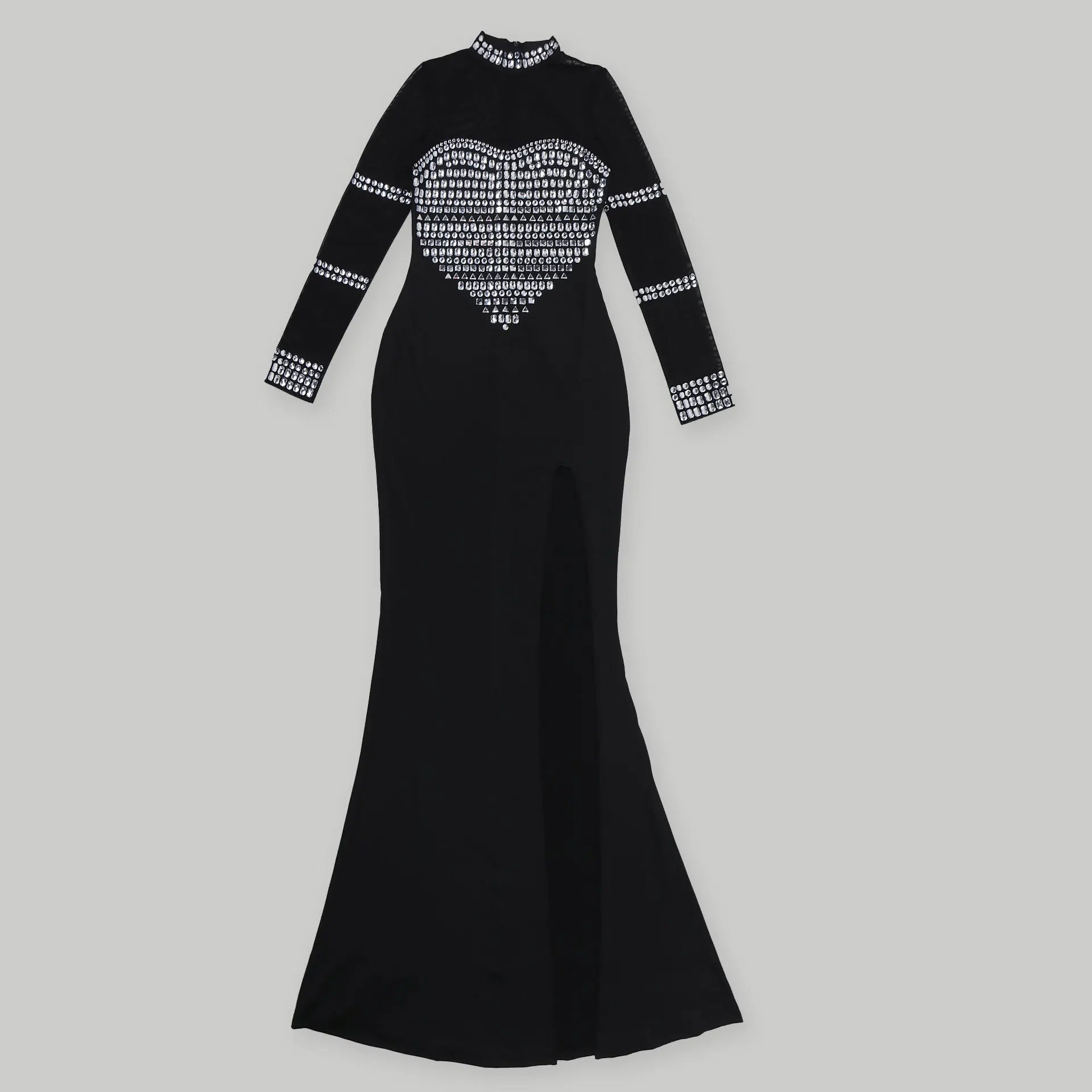 CM.YAYA Women Full Sleeve Diamonds Mesh Rhinestones High Side Split Mermaid Maxi Long Dress Evening Sexy Party Dresses Vestidos - JN Fashion Fusion