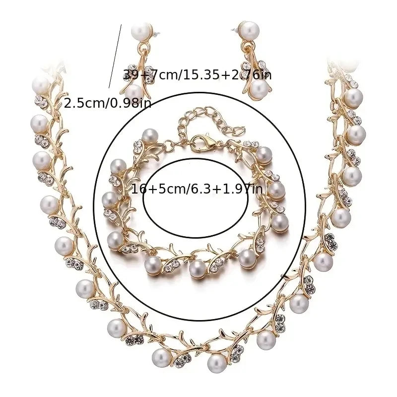 3pcs Sweet Jewelry Set - Artificial Pearl Pendant Necklace, Earrings & Bracelet for Banquet Party - JN Fashion Fusion