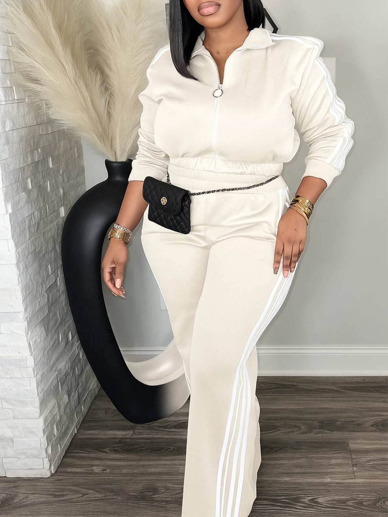 Women’s 2 Piece Tracksuit Set Zip-Up Top + High Waist Pants Side Stripe Casual Outfit - JN Fashion Fusion