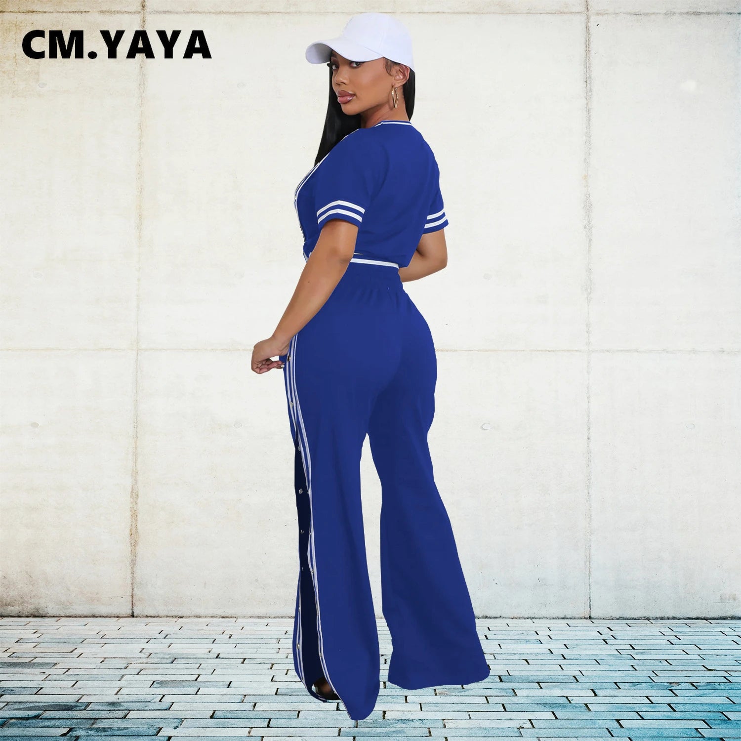 CM.YAYA Active Women's Set Striped Ribbon T-shirt + Side Button Split Long Pants Suit Sporty Two 2 Piece Sets Outfit Tracksuit - JN Fashion Fusion