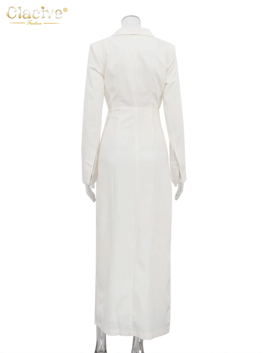 Clacive Fashion Slim White Dress Bodycon Lapel Long Sleeve Ankle Length Dress Party Elegant Classic Slit Dresses For Women 2024 - JN Fashion Fusion