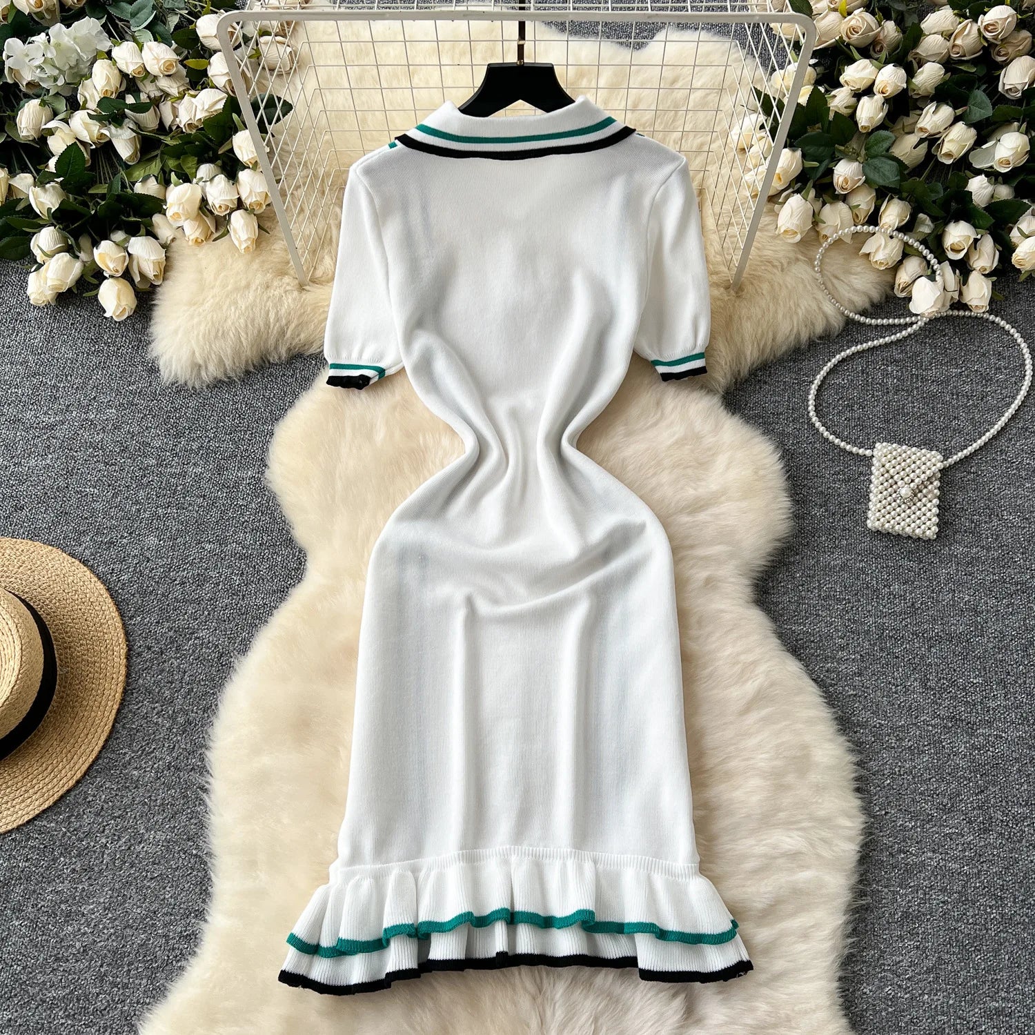 CM.YAYA Women Knit Ribbon Striped Short Sleeve V-neck Ruffles Mini Dress 2025 Summer Club Sexy Party Evening Dresses Vestidos - JN Fashion Fusion