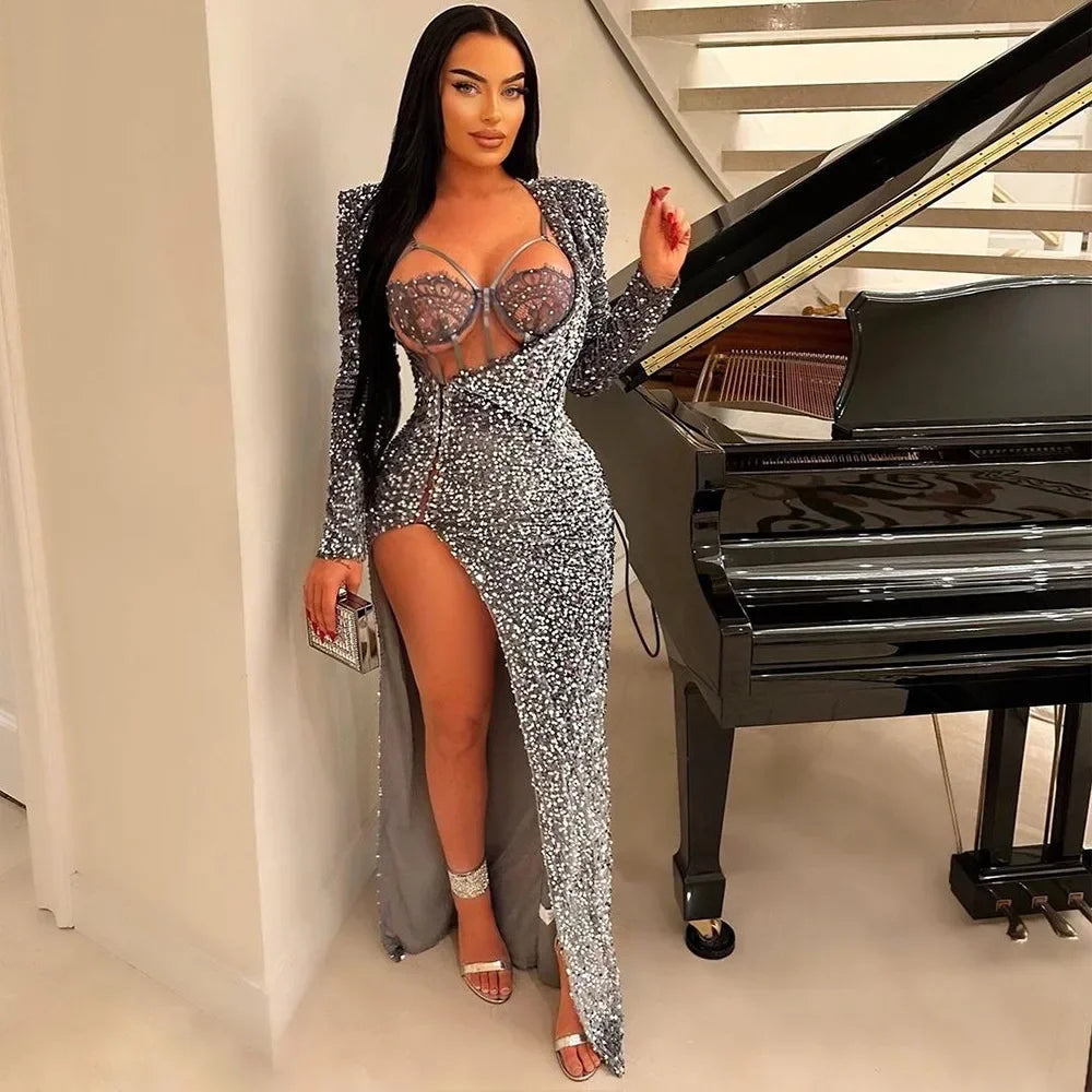 Two Piece Sets Bodysuit Sexy Women Sequin Dress Rompers Solid Slim Fit Sheath Full Sleeve Hip Wrap Dresses Set Party Gown - JN Fashion Fusion