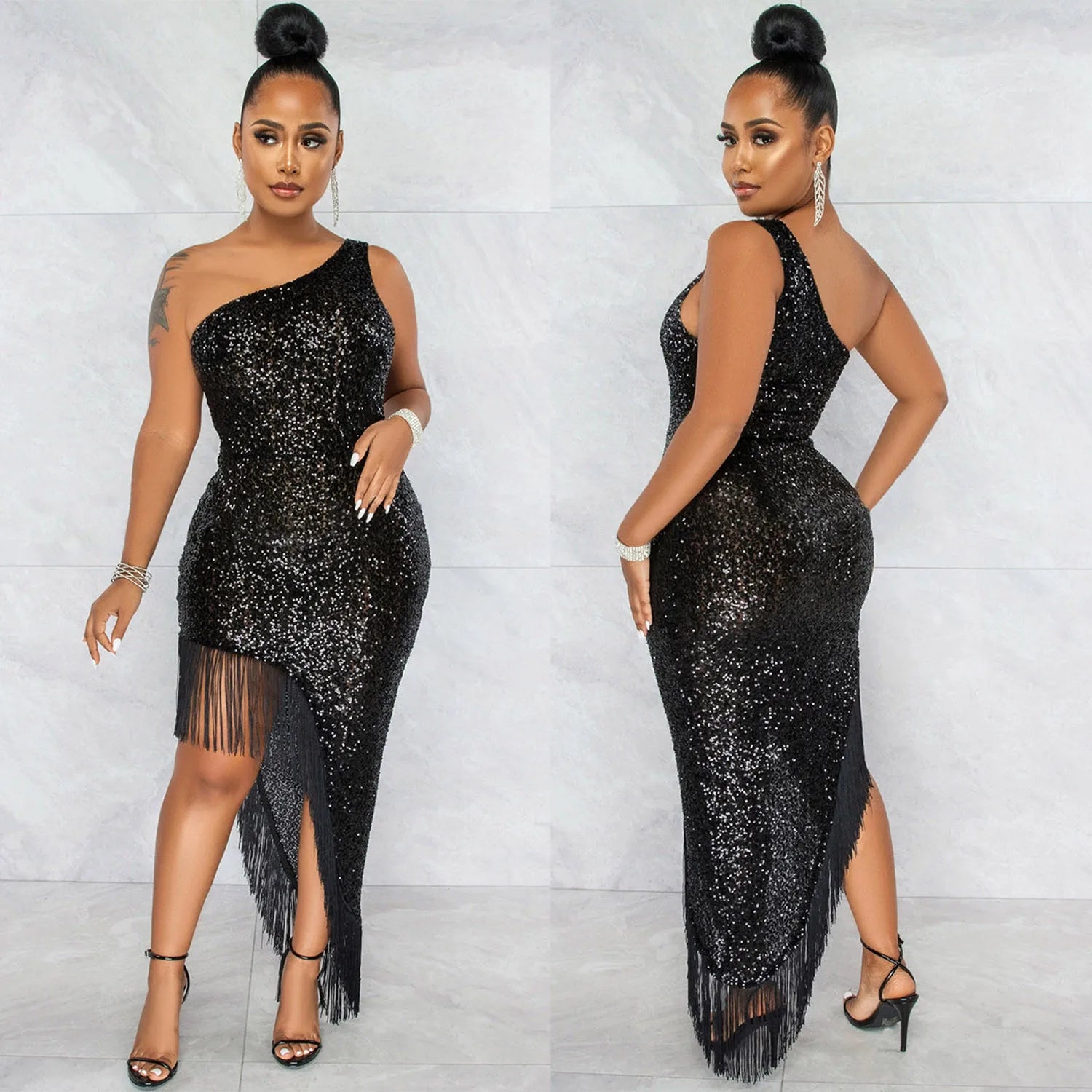 Women Sexy Gala Dress Slopping Shoulder Sleeveless Split Tassel Sequin Evening Dresses Sequins High Split Wrap Buttocks Skirt - JN Fashion Fusion