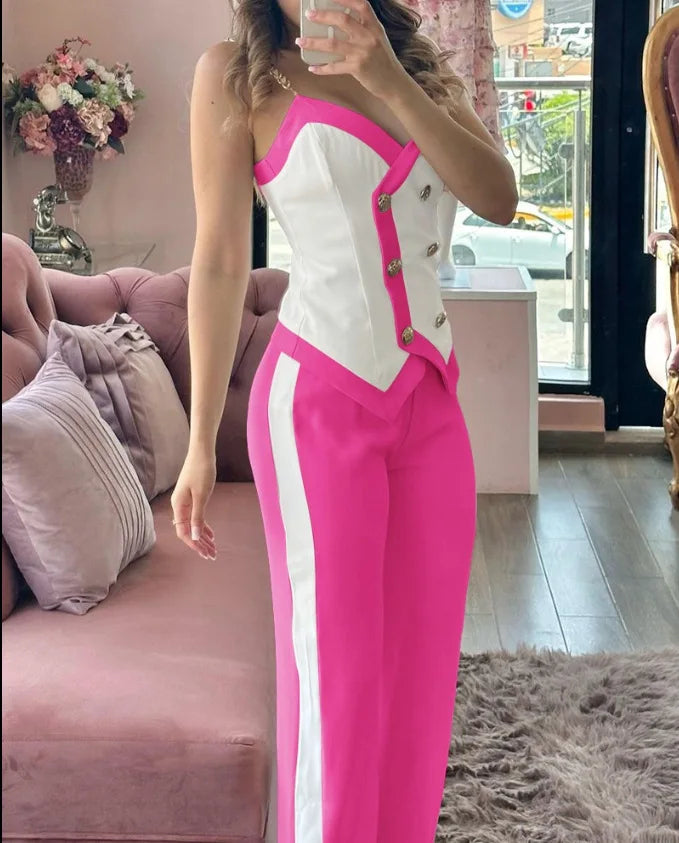 Spring Summer New Fashion Commuter Women Suit Irregular Top Wide Leg Trousers Metal Suspenders Double Breasted Slim Suit Lady - JN Fashion Fusion
