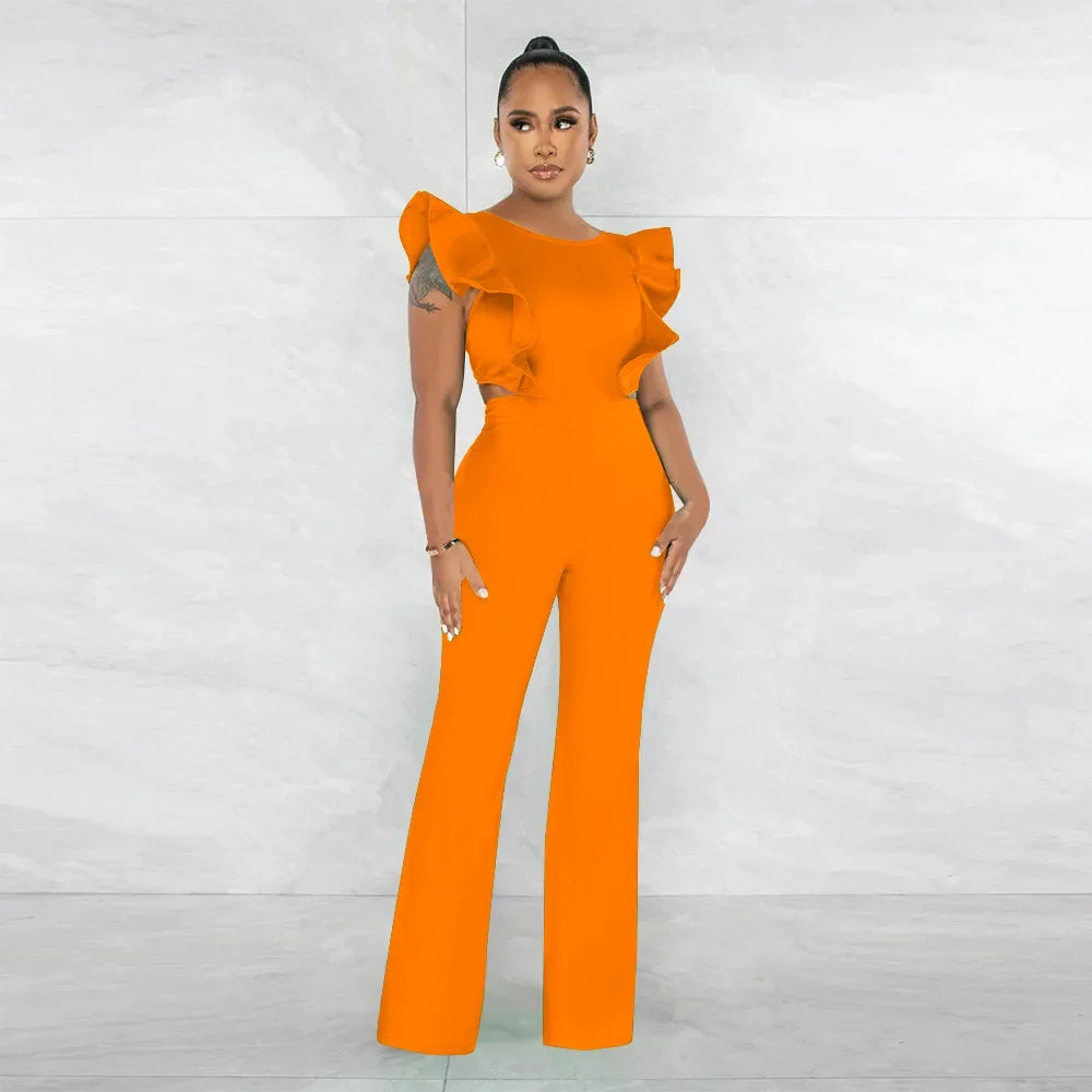 Solid Ruffled Sleeveless Jumpsuit Women Summer Rompers Bodysuits O Neck High Waist Wide Leg Pant Jumpsuit Streetwear Overalls - JN Fashion Fusion