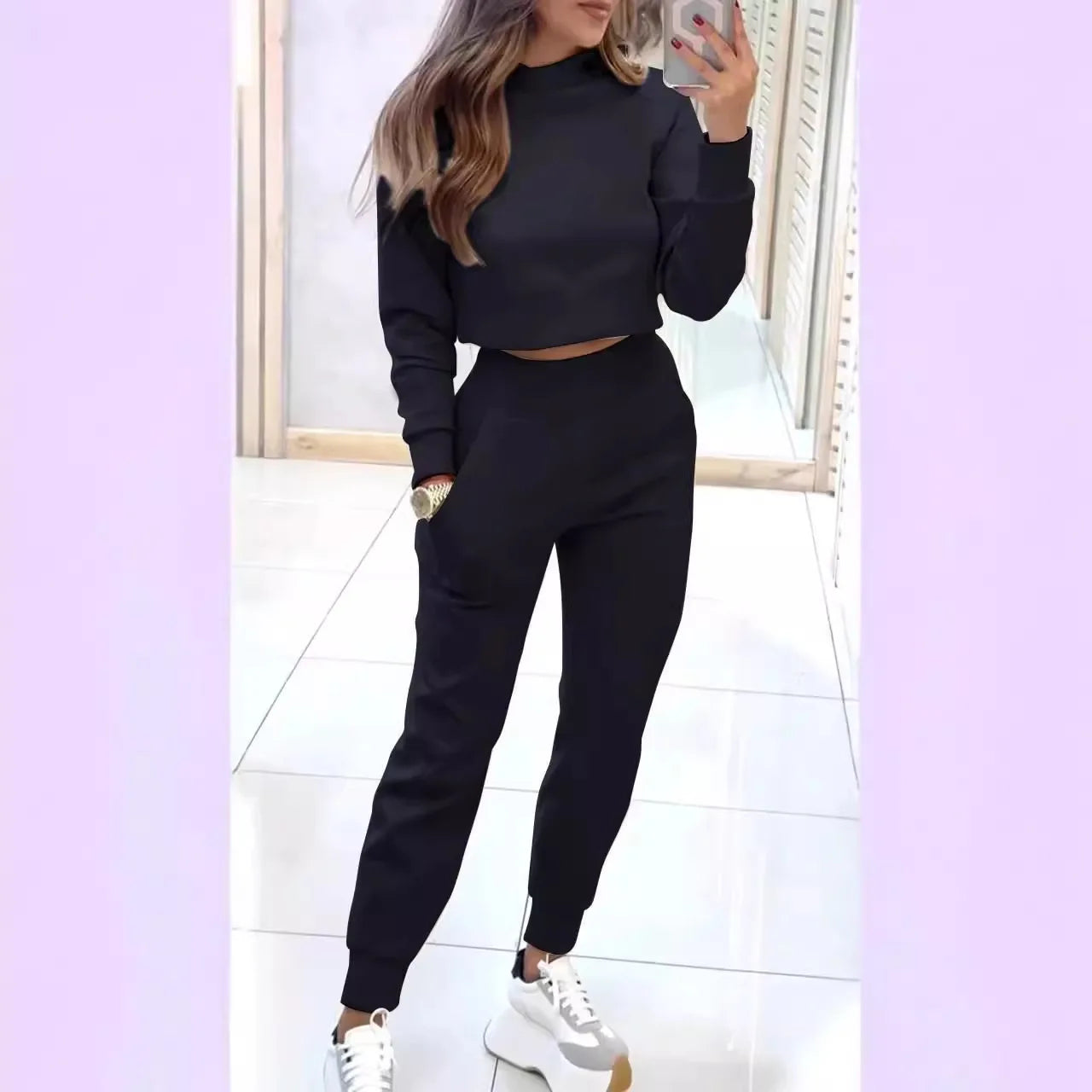 2025 New Women's 2-piece Long-sleeved Short Sweatshirt Turtleneck Fashion Casual Elastic Waist Slim Pant Sets - JN Fashion Fusion